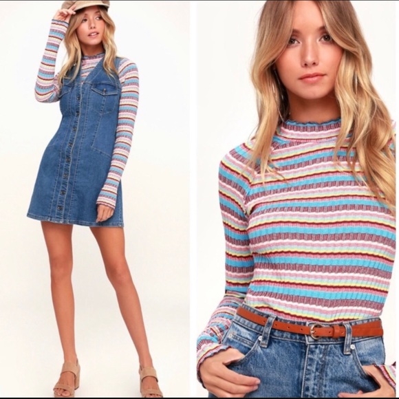 Free People Retro Mirror Blue Striped Mock Neck Ribbed Long Sleeve Crop Top Sz S - Picture 4 of 16